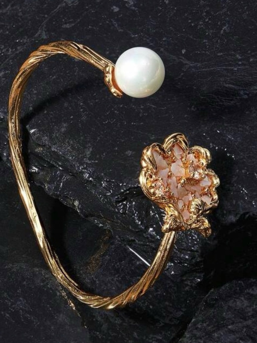 Gold Open Bypass Ring with Pearl and Pink Crystal Cluster